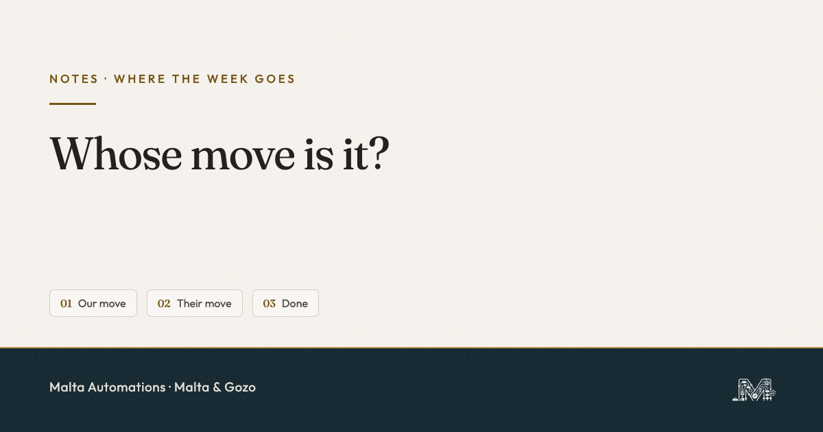 Whose Move: three WhatsApp Business lists, our move, their move and done, from Malta Automations.