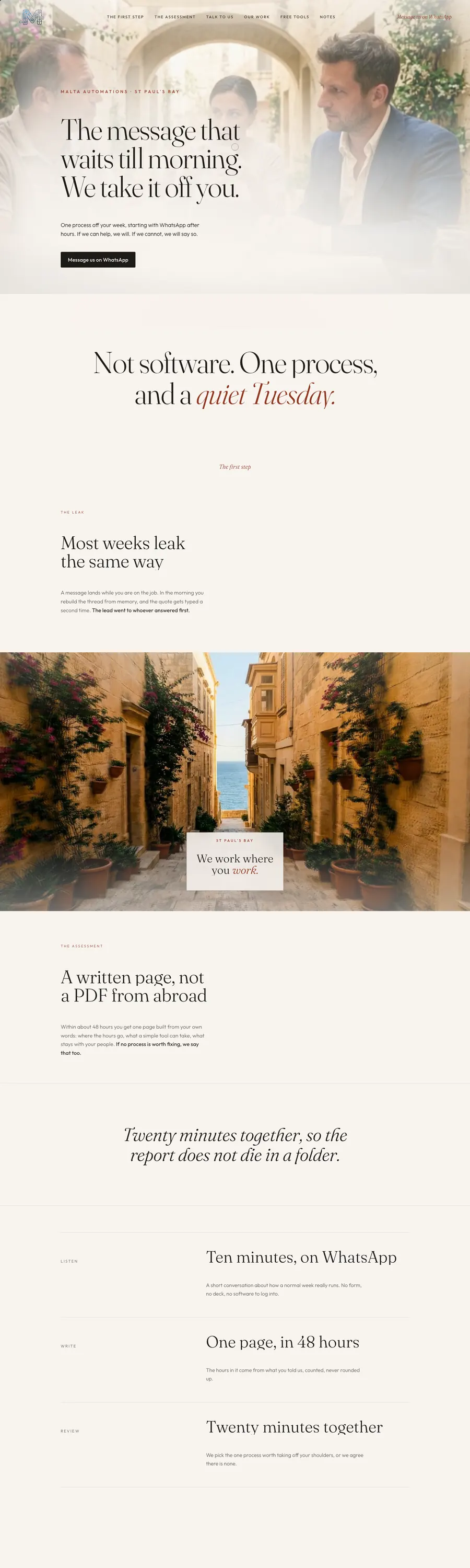 Malta Automations: a Valletta arcade photo and the line about the message that waits till morning
