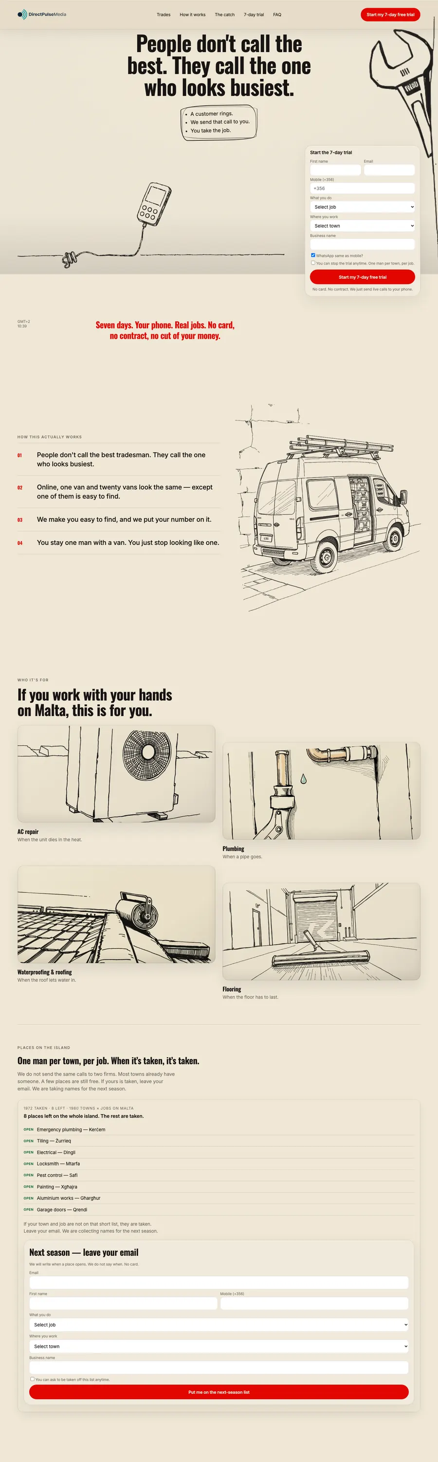 DirectPulseMedia: hand-drawn tradesman illustration and a trial sign-up form