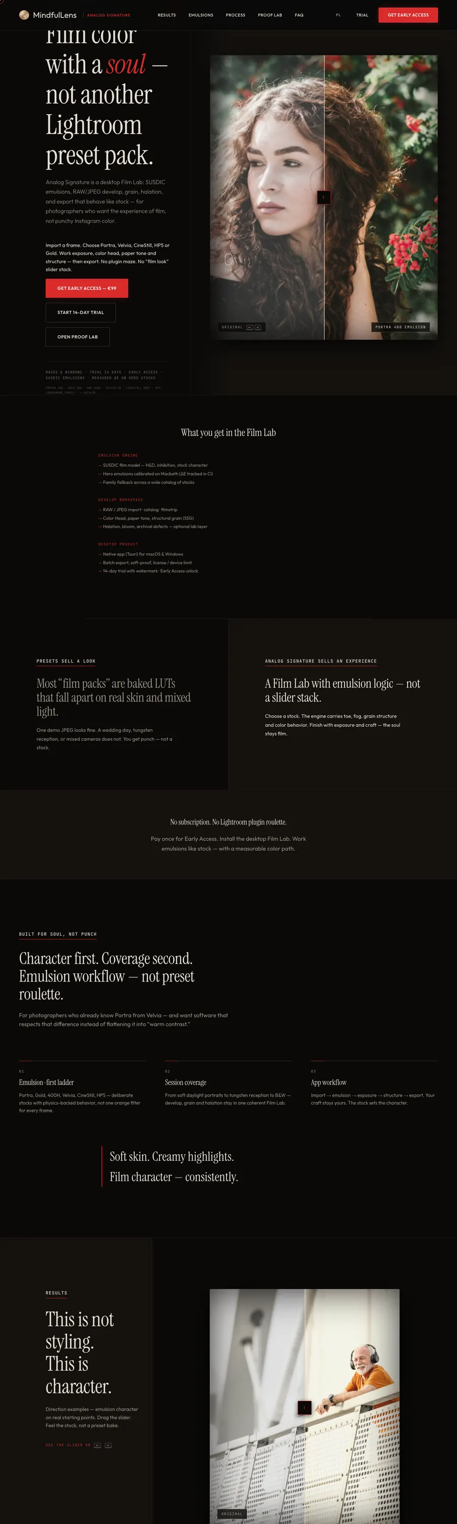 Analog Signature by MindfulLens: a dark product page with a before and after film photo